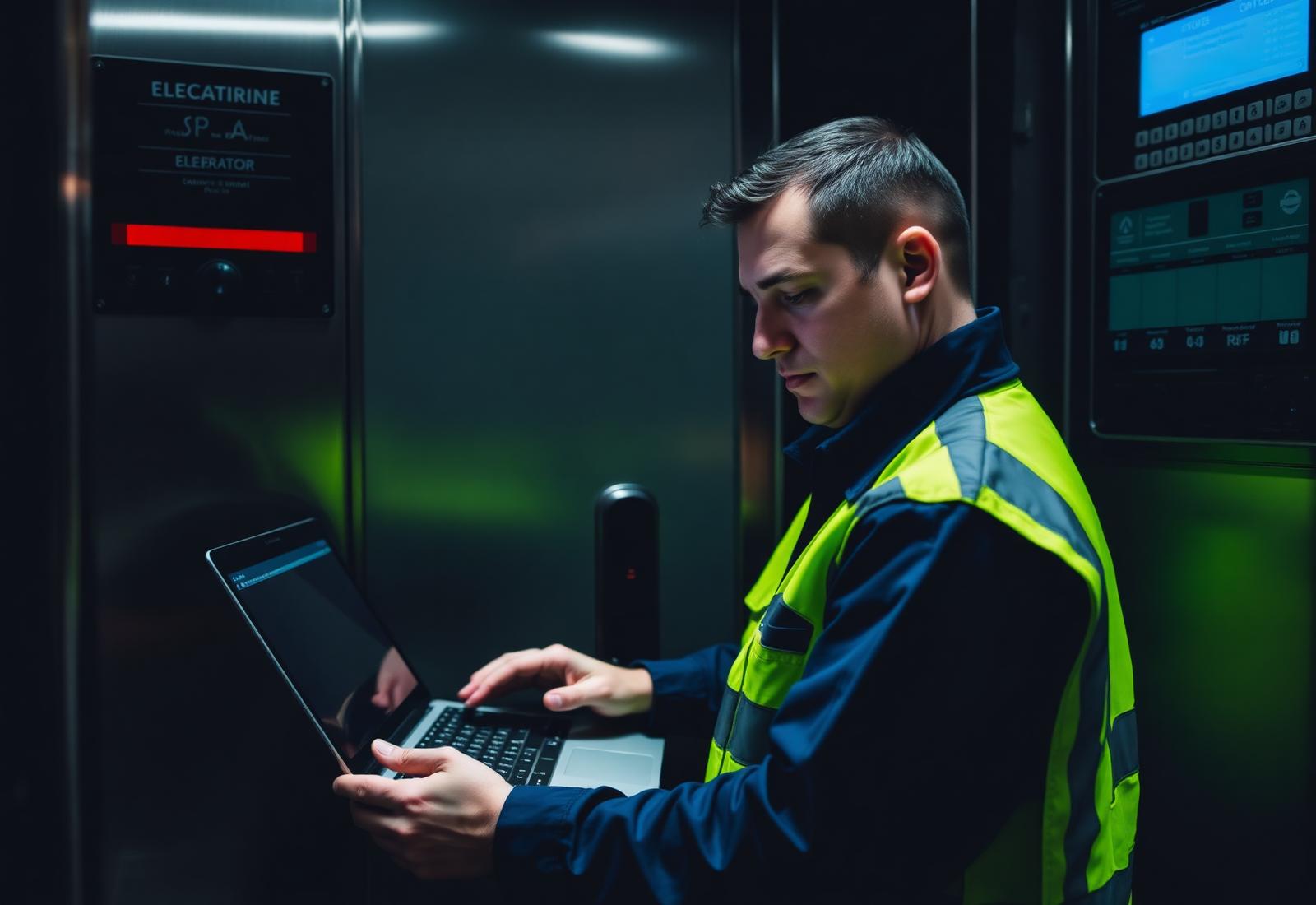 Elevator technician with diagnostic laptop